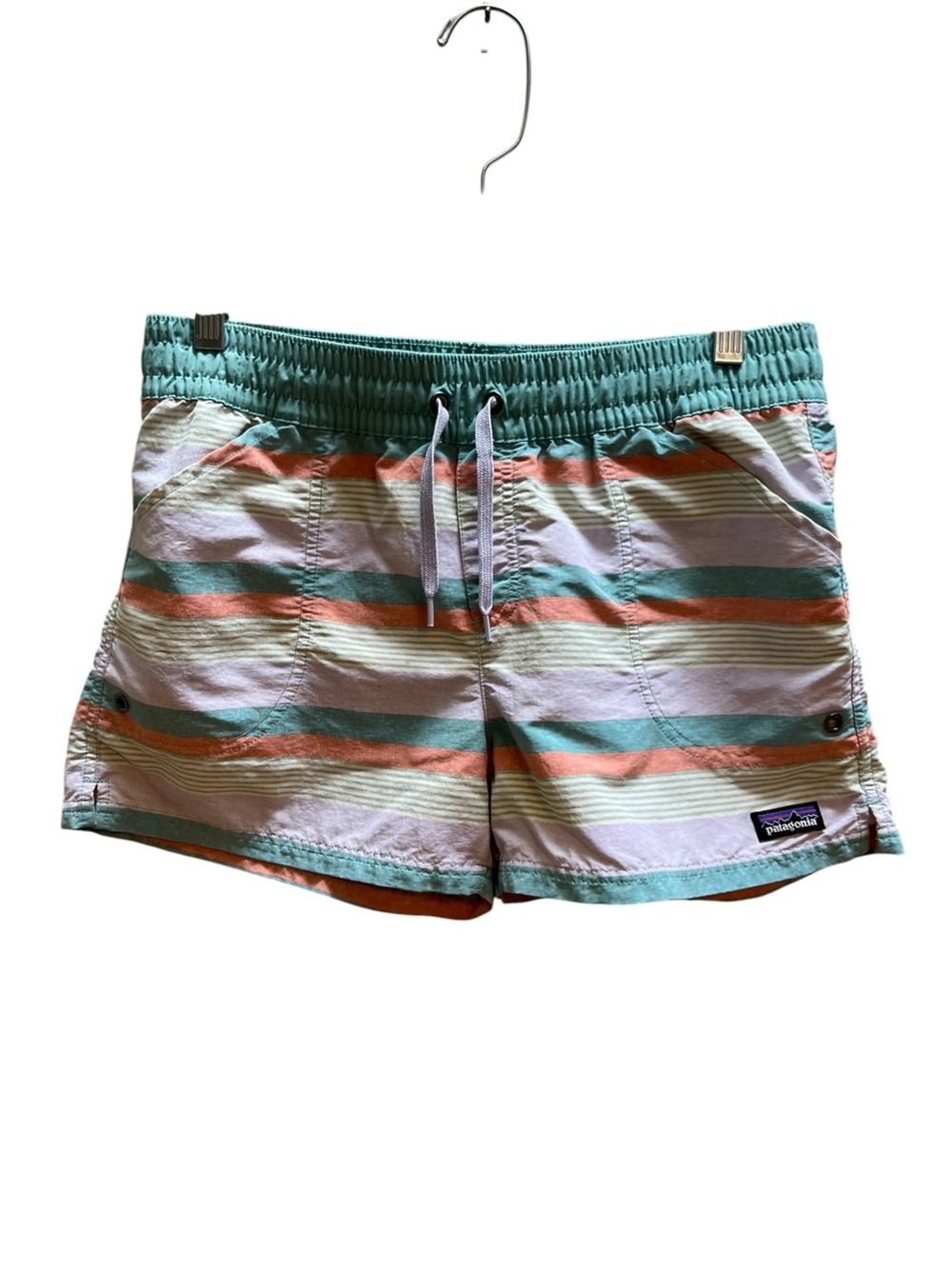 Patagonia girls Striped Drawstring Shorts in Teal & Coral size XL